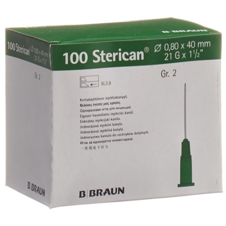 Sterican Nadel 21г 0.80x40мм Grun Luer 100 штук