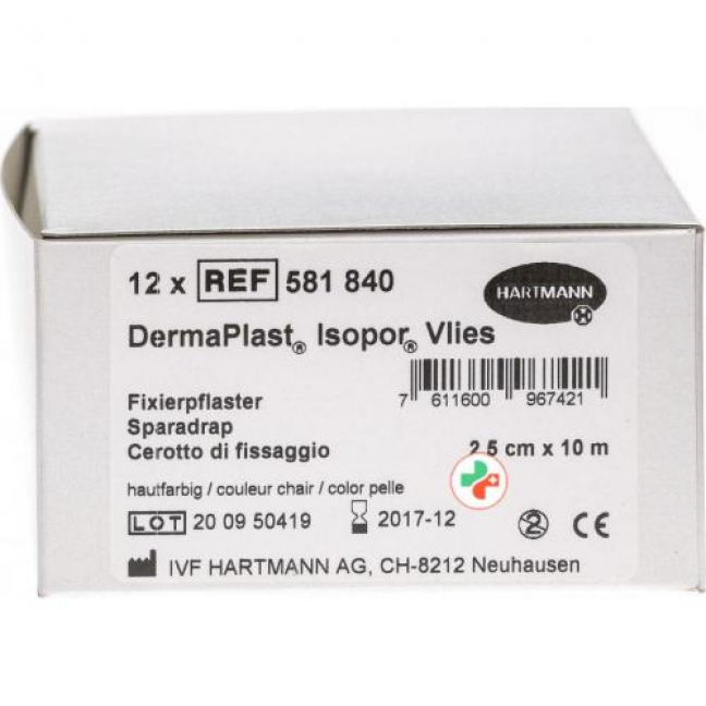 Dermaplast Isopor фиксирующий пластырь 10мX2.5см Vlies телесный цвет 12 штук